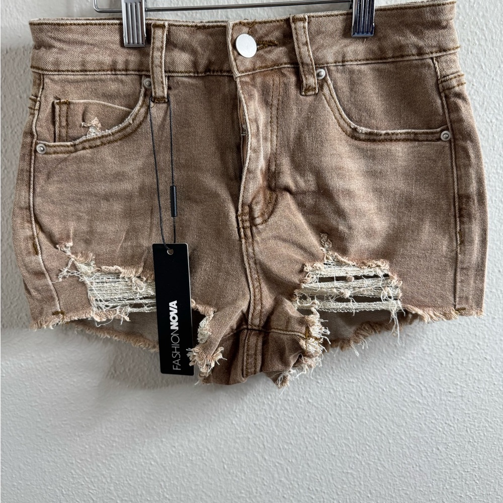 Fashion Nova Tan Distressed Denim Cutoff Shorts